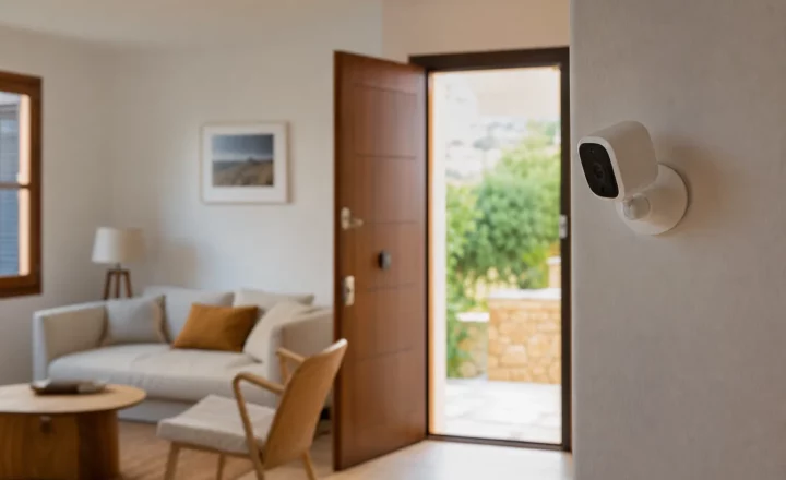 Escena editorial sobre Cámara interior o sensor de apertura para vigilar una segunda residencia