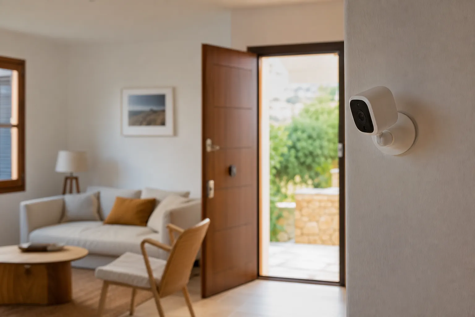 Escena editorial sobre Cámara interior o sensor de apertura para vigilar una segunda residencia