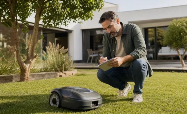 Escena editorial sobre Robot cortacésped: cómo calcular si encaja con tu jardín