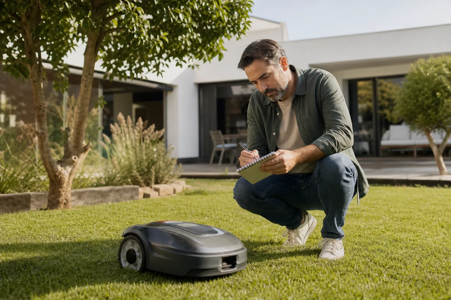 Escena editorial sobre Robot cortacésped: cómo calcular si encaja con tu jardín